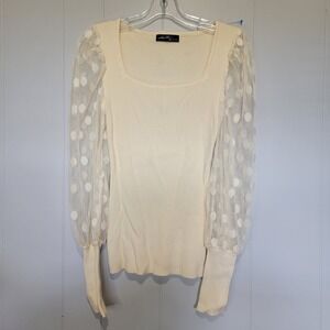 Square‎ Neck Cream Blouse with Sheer Polka Dot Sleeves 🌵